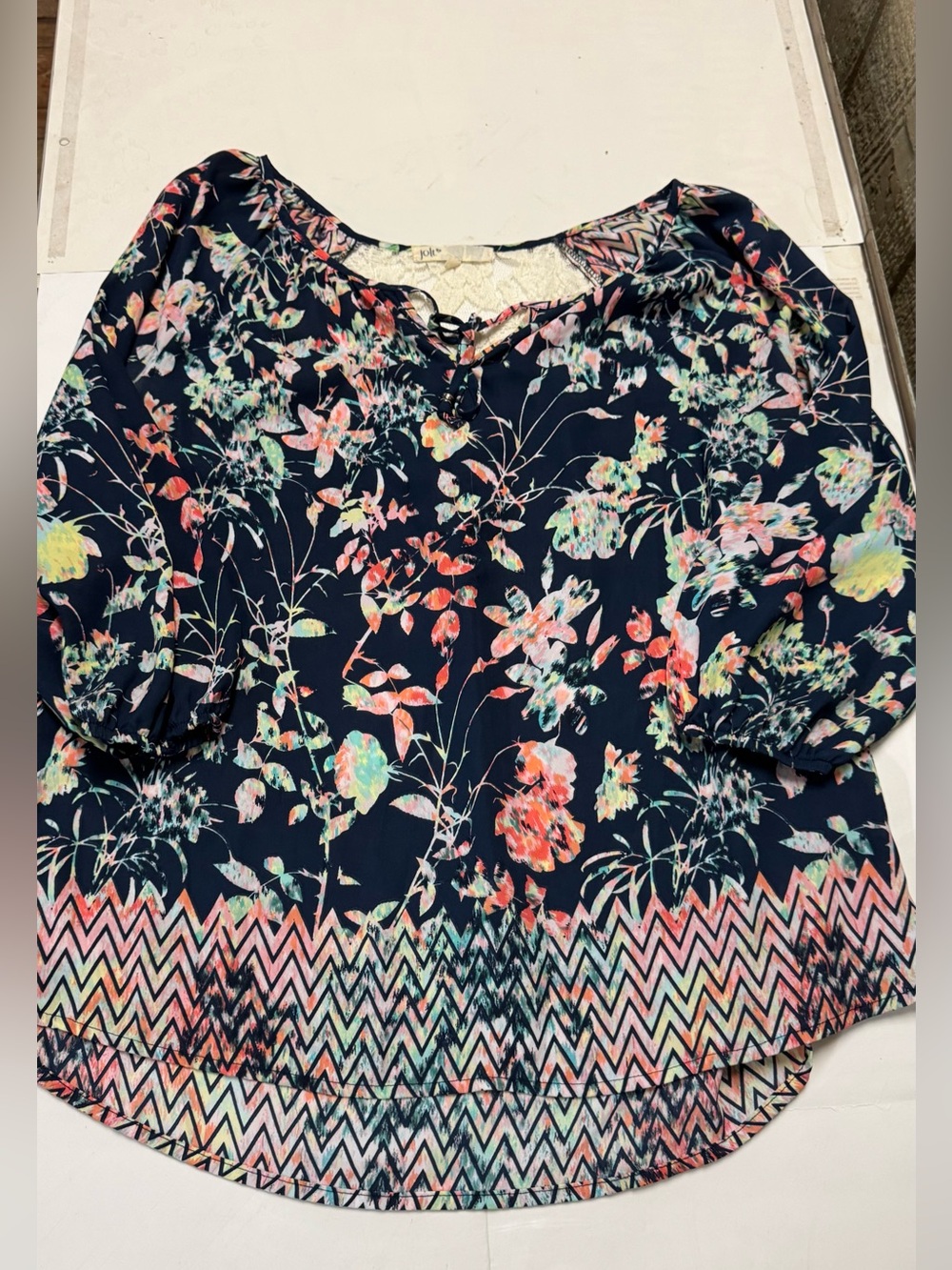 Jolt Navy Floral Tie-Neck Lace Tunic with Chevron Hem